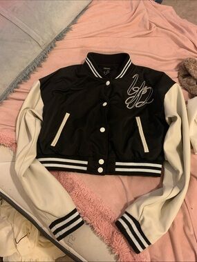 Black & White Cropped Leather Varsity Jacket with Contrast Sleeves
